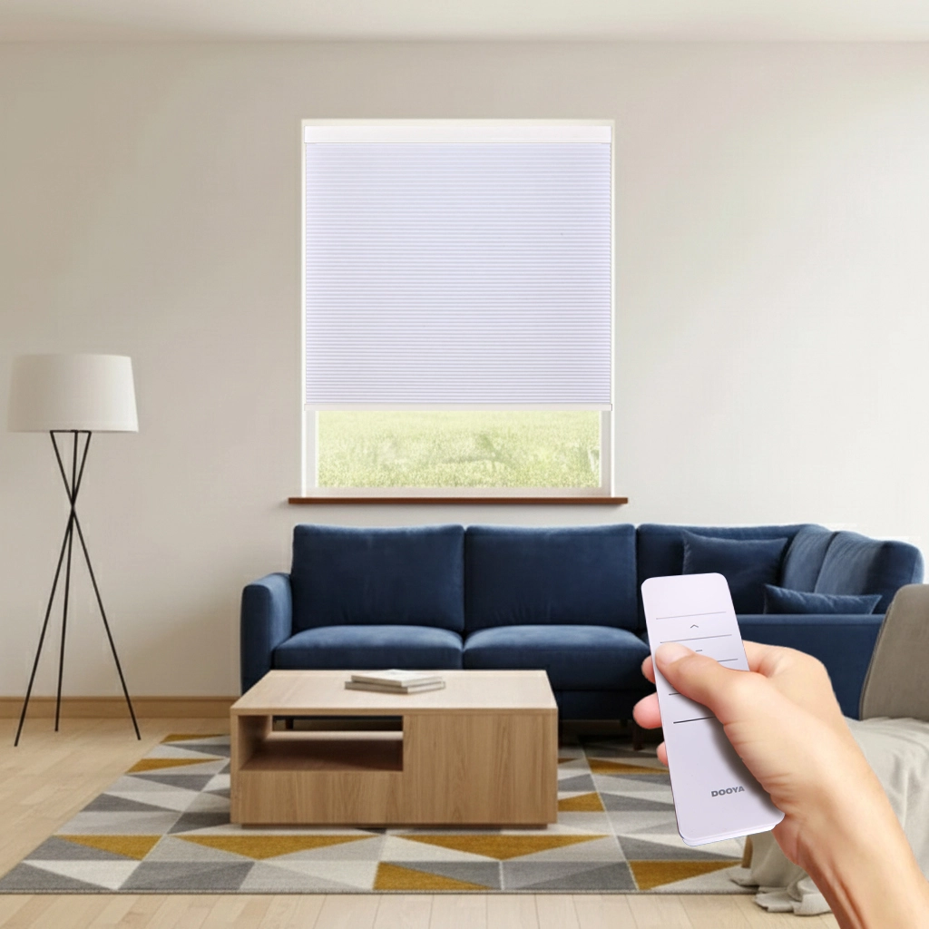 Motorized Blackout Cellular Shade in Living Room