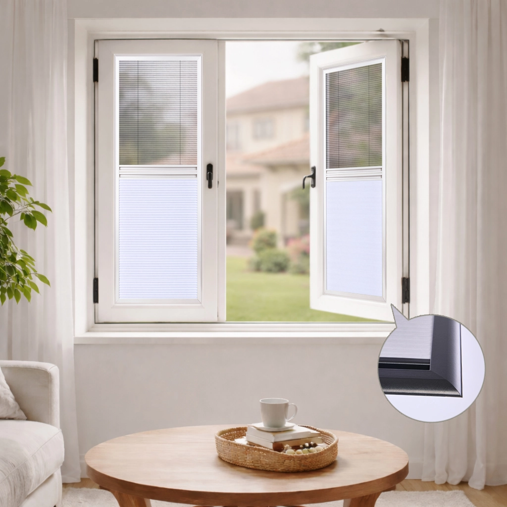 Day and Night Cellular Shade for Casement Window with Curved Rail