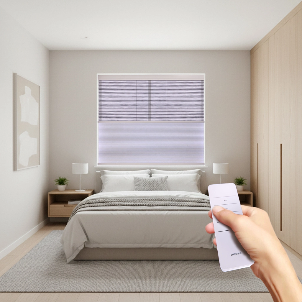 Motorized Day and Night Cellular Shade in Bedroom