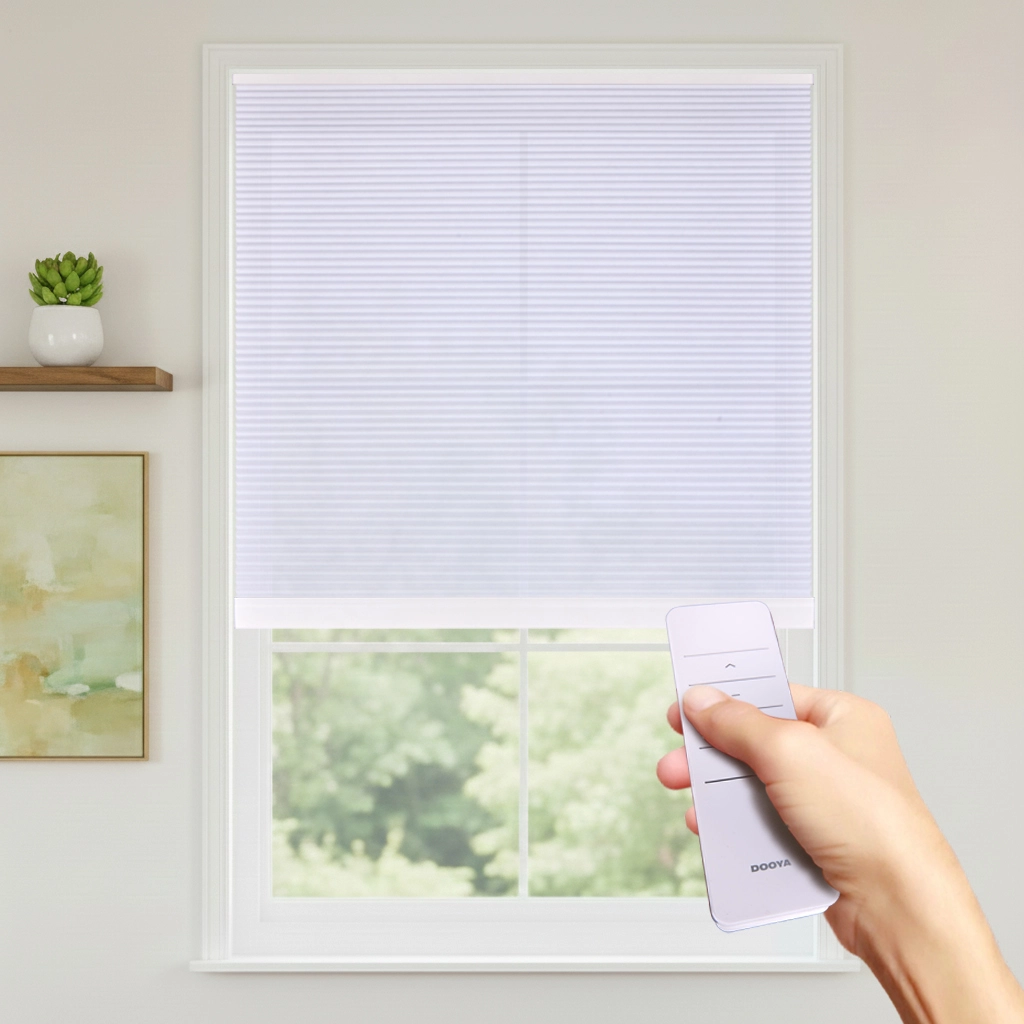Reversible Motorized Light Filtering Cellular Shade with Battery-Integrated Rail