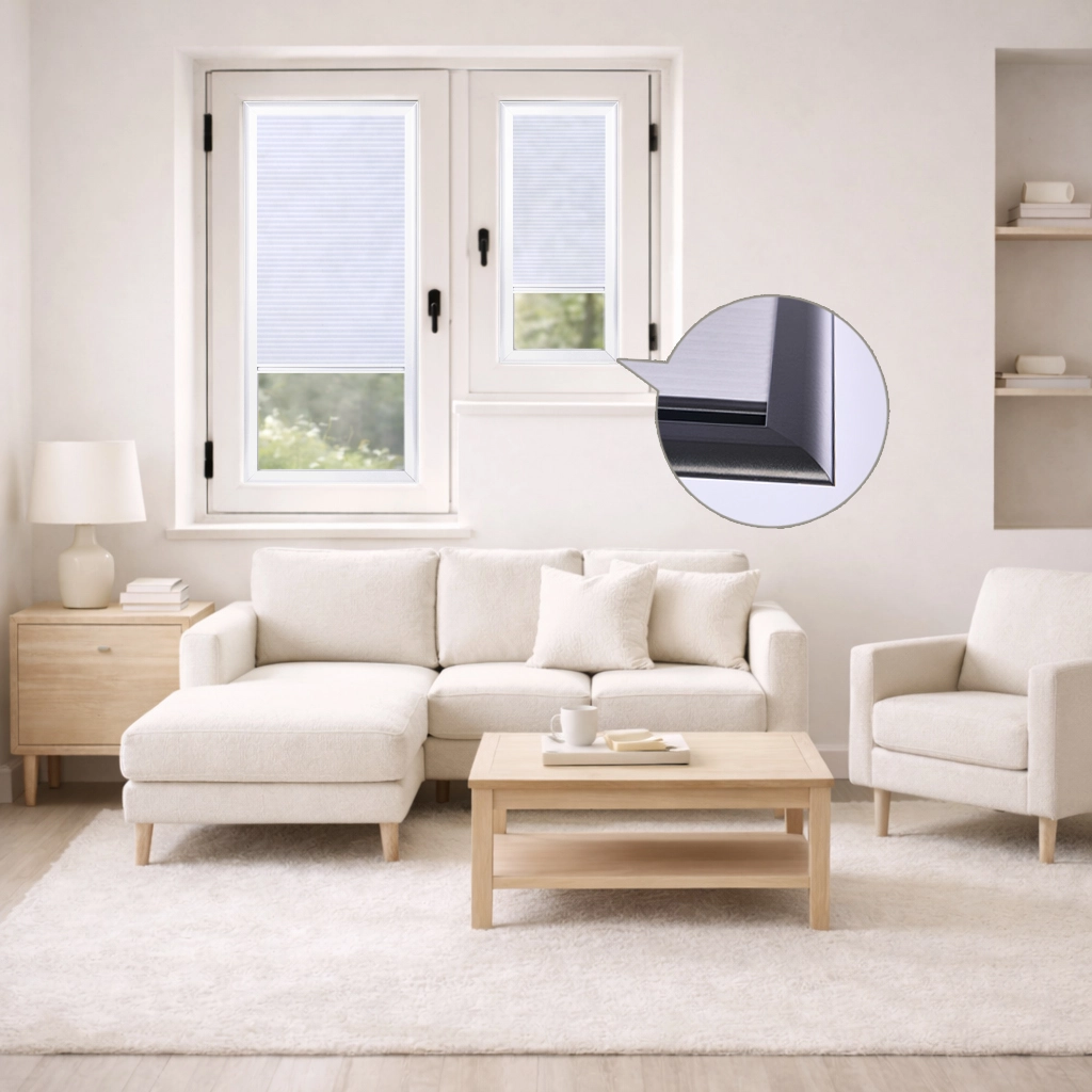 Light Filtering Cellular Shade for Casement Window with Curved Rails in Living Room