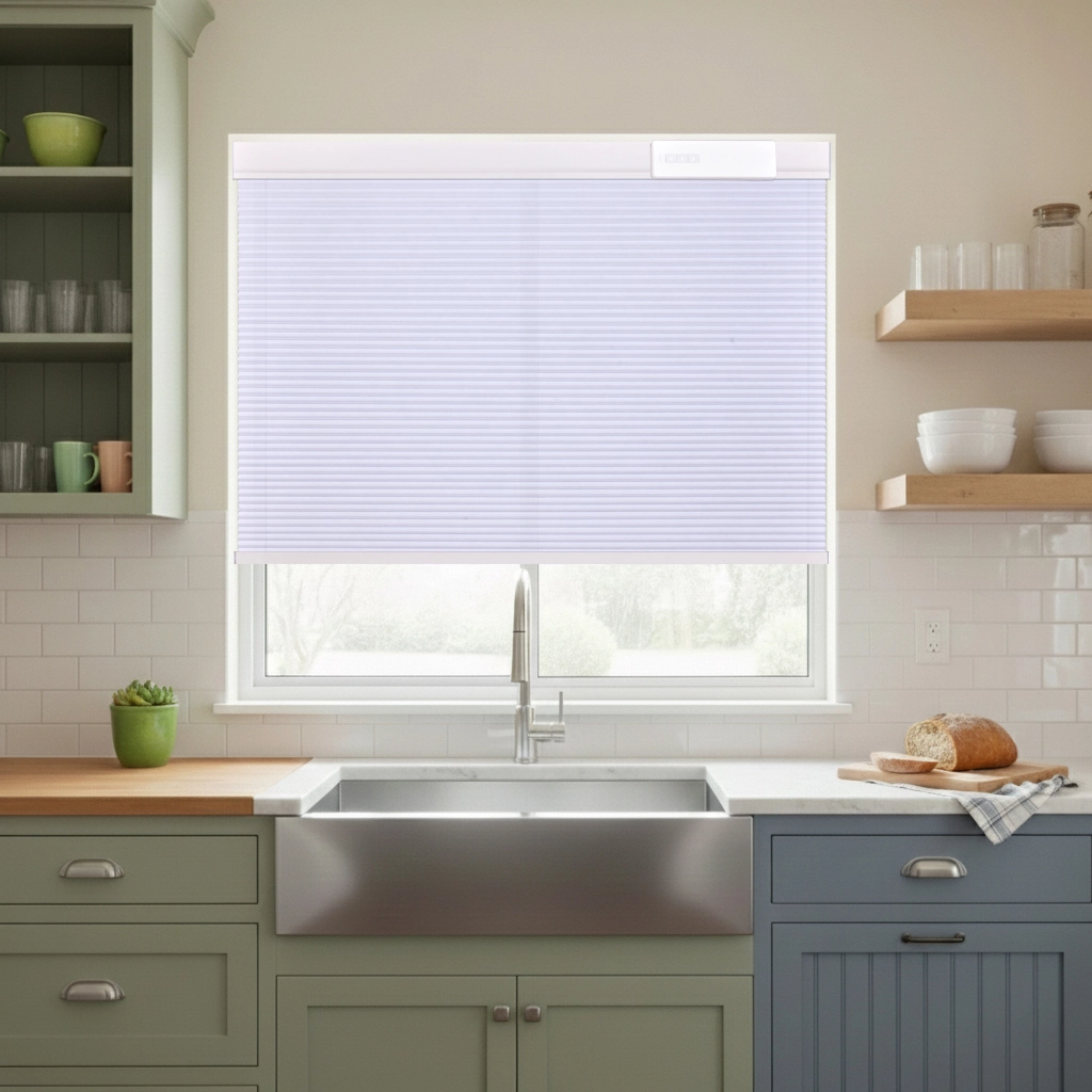 Motorized Light Filtering Cellular Shade with External Lithium Battery in Kitchen