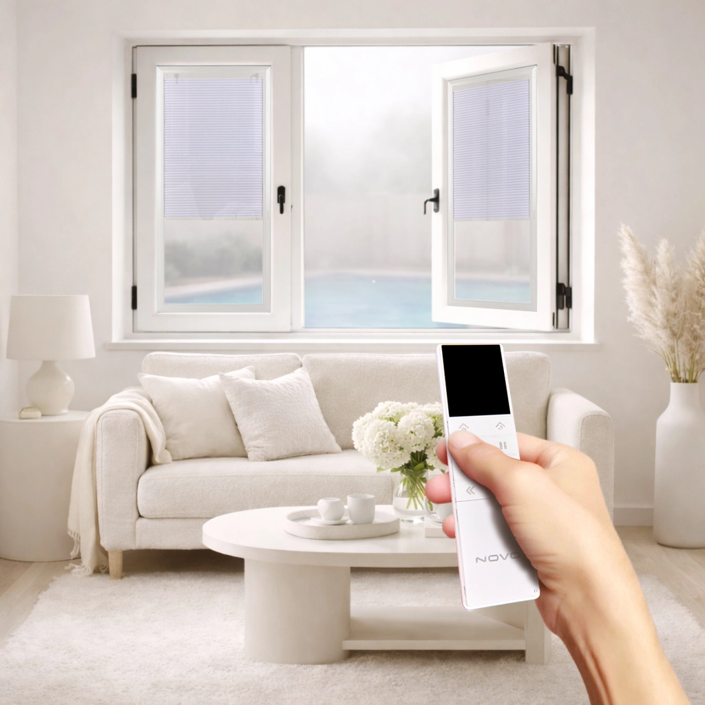 Motorized Light Filtering Cellular Shade for Casement Window with Single Glass