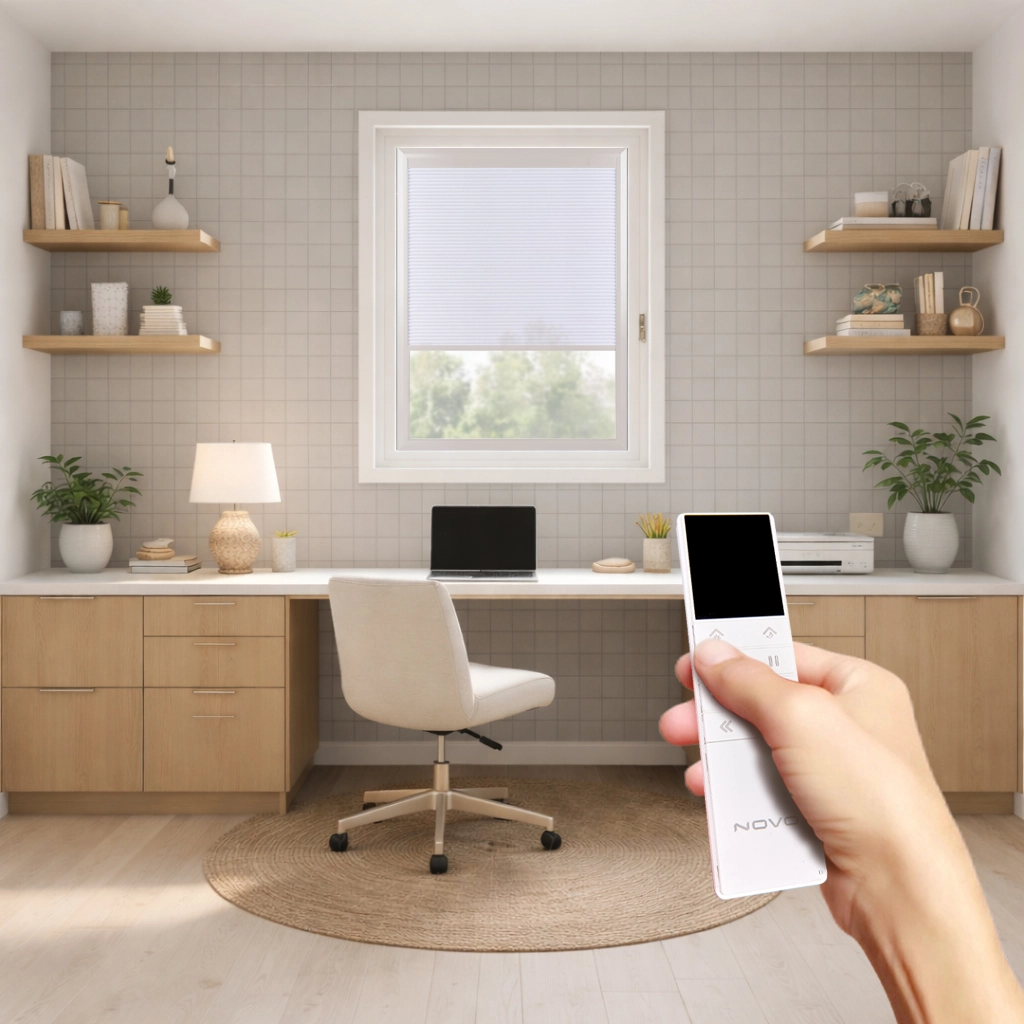 Motorized Removable Light Filtering Cellular Shade for Casement Window in office